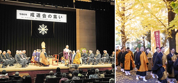 ㊧田中会長導師のもと各地区仏教会の代表が出仕した都仏連の成道会法要<br>㊨イチョウ並木のトンネルを通り抜け、法要に臨む大正大の学生ら