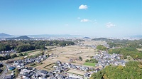 原寺跡、飛鳥宮跡、飛鳥寺跡、大官大寺跡などが並ぶ明日香村の展望。奥の耳成山の手前に藤原宮跡が位置する（世界遺産「飛鳥・藤原」登録推進協議会提供）