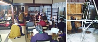 ㊧西光寺の仮本堂で営まれた三回忌追悼法要=西光寺提供<br>㊨仮設の鐘楼堂が完成し、2年ぶりに復活した除夜の鐘=西光寺提供