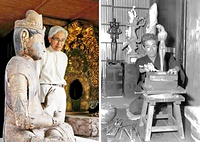 ㊧県立歴史館退職後、県内の仏像をくまなく実地調査した後藤道雄の成果は文化財新指定や修復に生かされた(2010年)<br>㊨水戸市谷田町の侘びたアトリエで後藤清一が作り出した彫刻は深い精神性を感じさせ、今なお人を魅了する(1957年)